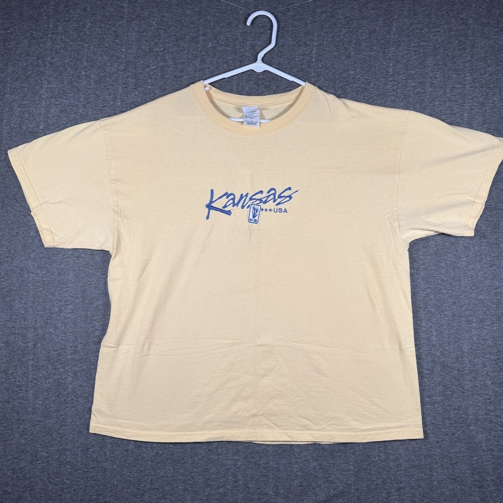 Y2K Kansas Delta Shirt Mens XL Yellow Embroidered USA Souvenir Graphic Tee